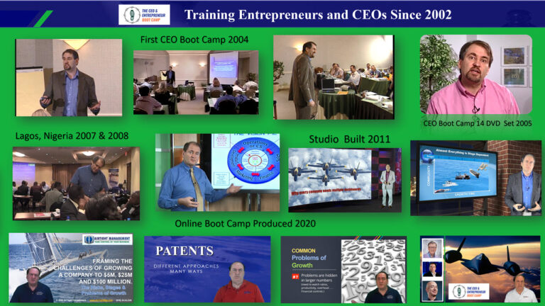 Collage of Bob Norton, our founder, teaching at The CEO Boot Camp and in studio filming of our courses given to thousands of entrepreneurs and CEO from 45 countries since 2004 to launch companies and products with high levels of success and growth opportunity