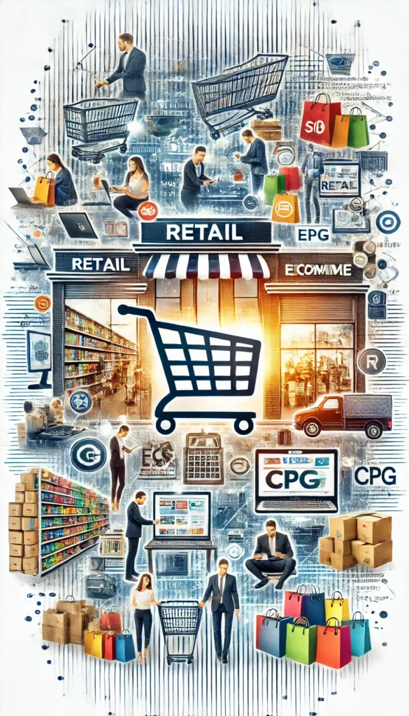 Collage of retail, ecommerce and consumer packaged goods with stores, warehouses and people