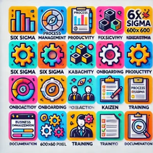 Process management collage of icons for themes that drive growth, productivity and enable more sophisticated management techniques