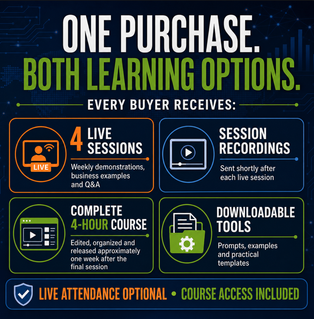Advanced AI program includes live sessions, recordings, a four-hour course and downloadable tools