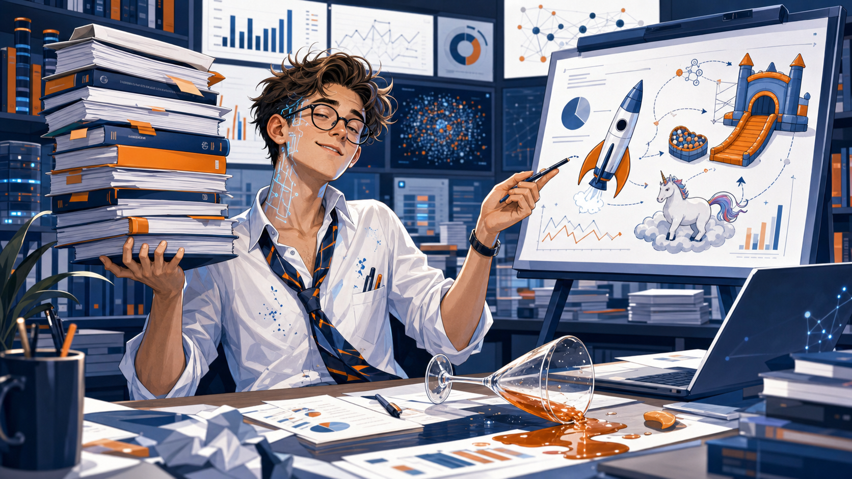 Funny illustration of AI as a brilliant but unreliable drunk intern surrounded by data and presenting an absurd plan