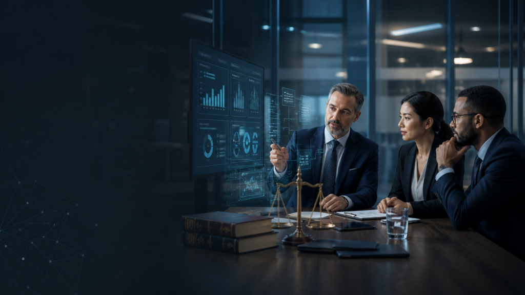 Managing partner and practice group leaders reviewing law firm performance metrics and matter workflows